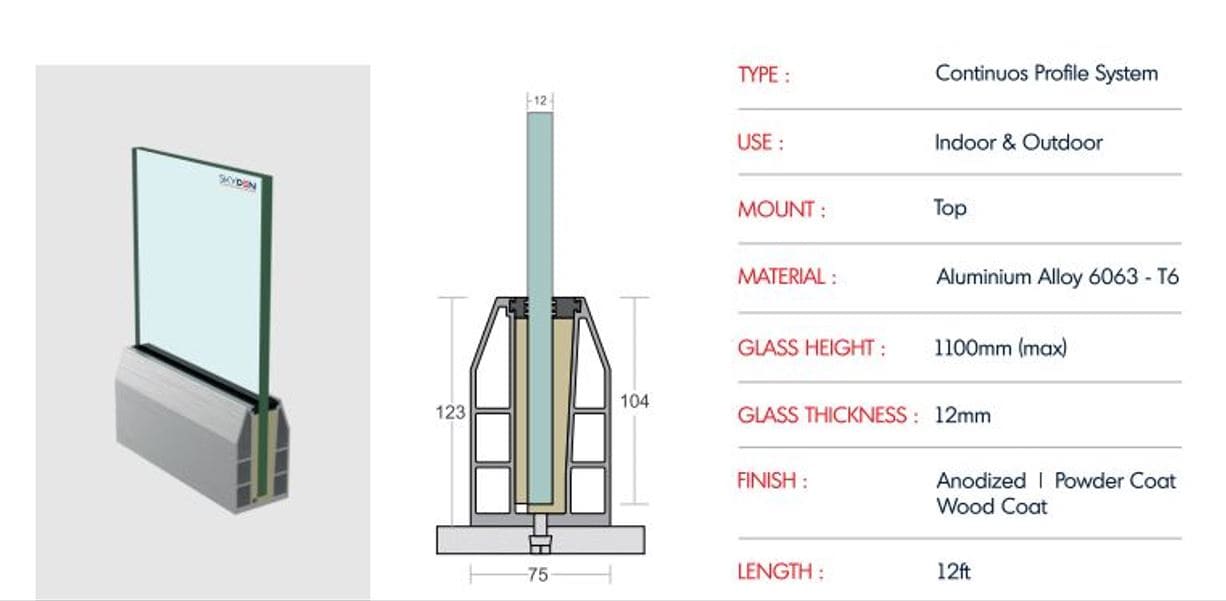 SD 26 Continuous Profile System Aluminum Glass Railing Base Profile for Balcony and Staircase, Indoor and Outdoor Top Mount Design, Durable Finish, Easy Installation for Modern Projects